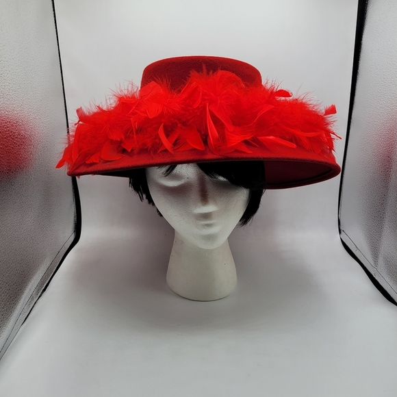 Vintage Wool Felt Hat • Red Feathers • Kentucky Derby • Wide Brim - Picture 1 of 6